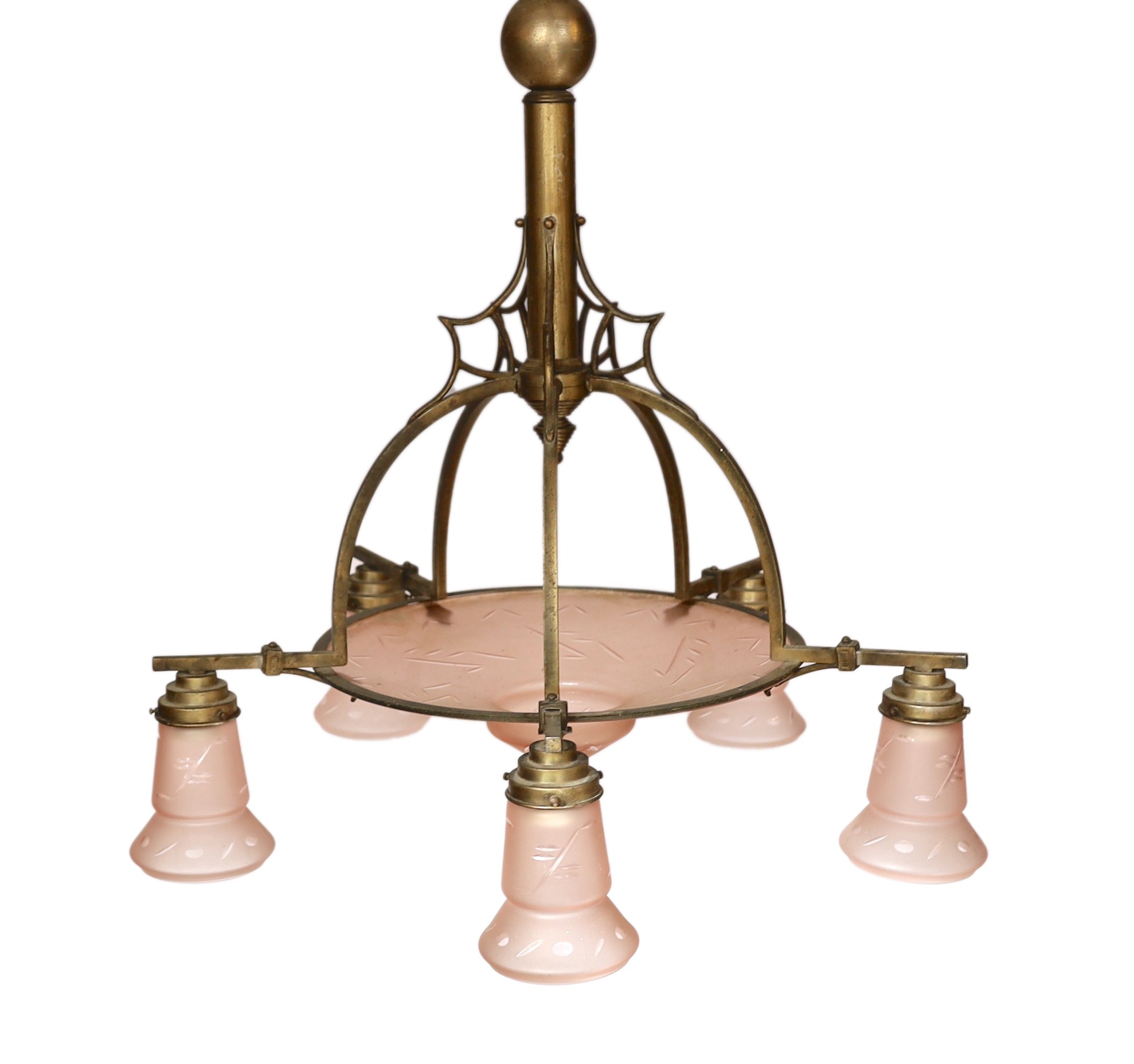 A 1920s-30s German bronze and frosted peach glass five light chandelier of stylish design with geometric cut decoration, drop 75cm. width 70cm